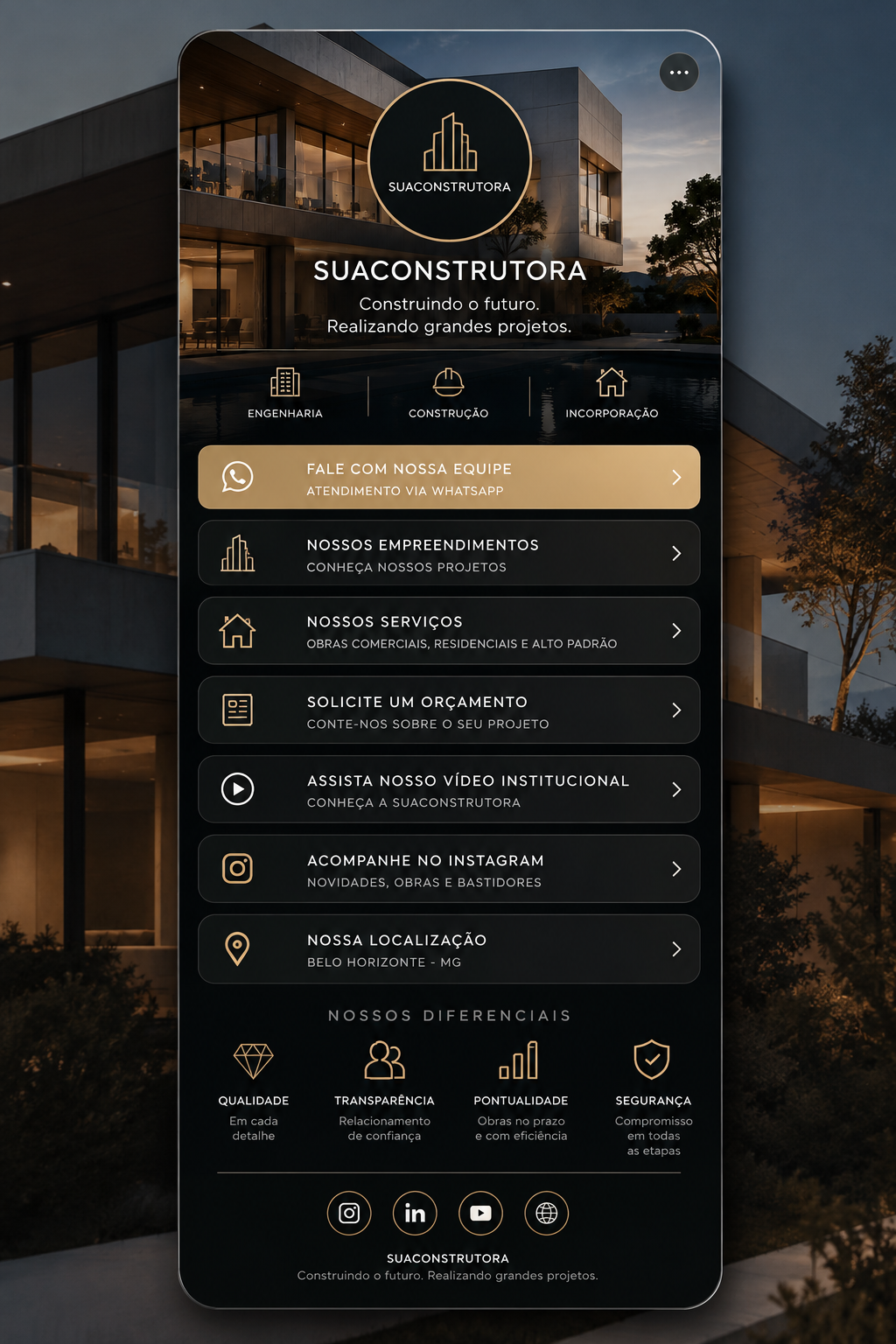 Modelo de página de links para o Instagram da construtora, com WhatsApp, empreendimentos, serviços, orçamento e localização